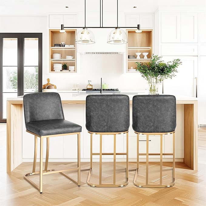 Sophia & William Counter Height Bar Stools, 24" Bar Stools with Back for Kitchen Counter, Modern PU Leather Kitchen Counter Stools,Grey Gold