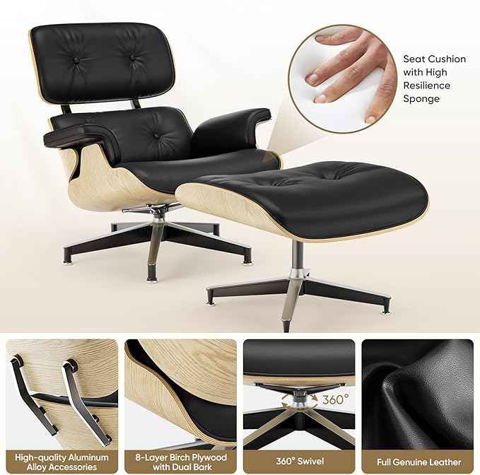 Top Black Grain Leather, Mid Century Chaise Lounge Chair and Ottoman, Modern Chair Classic Design, Ash Wood, Heavy Duty Base Support for Living Room Office