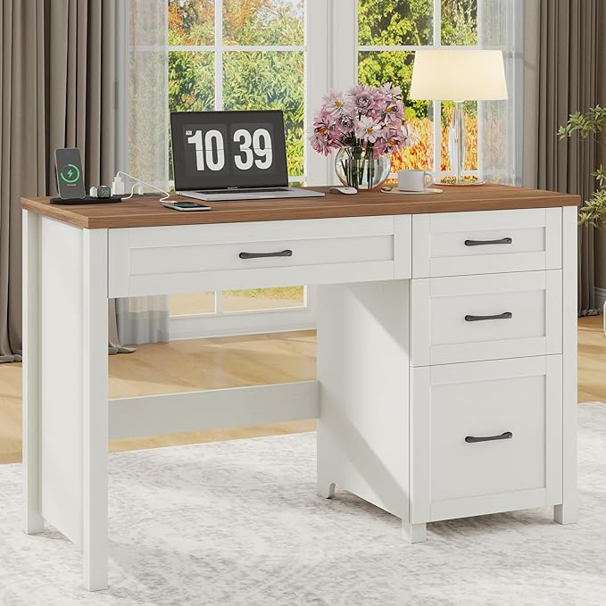 Vabches Farmhouse 47" Executive Desk, Computer Desk with File Drawer and Charging Station, Workstation for Home Office & Study(Off White