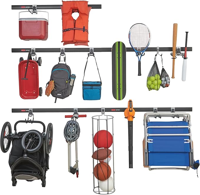 Rubbermaid 20-Piece FastTrack Garage Wall-Mounted Storage Kit 5 Rails and 15 Hooks for Home/House/Tool/Sports/Utility Purposes