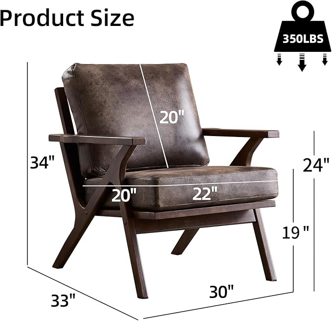 INZOY Mid-Century Modern Accent Chair with Wood Frame, PU Leather Living Room Chair and Soft Thick Padded Armchair for Living Room Bedroom Reception with Removable Upholstered Cushions, Dark Grey