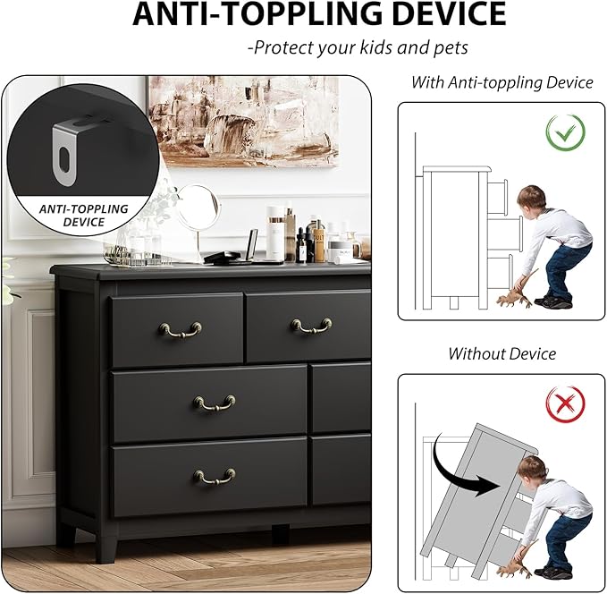 Black Dresser for Bedroom, Modern Style 7 Drawer Dresser with Vintage Gold Antique Handles, Chest of Drawers for Bedroom, Antique Black