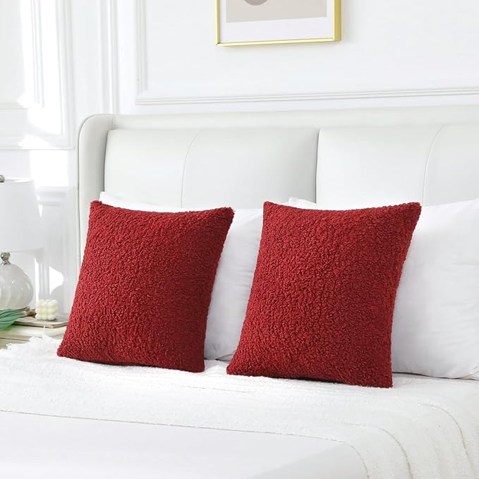 FUTEI Christmas Maroon Red Throw Pillow Covers 24x24 Inch Set of 2,Furry Faux Fur Teddy Boucle Textured Cushion Covers,Soft Fluffy European Pillow Shams,Home Decor for Couch Bed Living Room Car