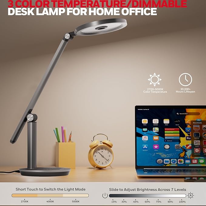 Honeywell Desk Lamp for Home Office, H6 Sunturalux™ Eye-Caring Led Desk Light, 800LM Dimmable Desk Lamp with Timer, Touch Control Tall Desk Reading Light, Table Lamp for Circle Webcam, Study, Bedroom