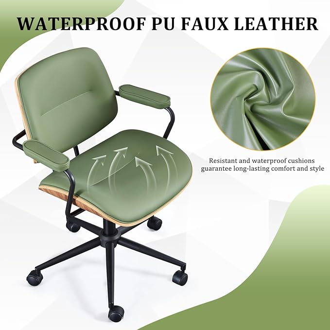 BV Mid Century Modern Office Chair Set of 1, Swivel Rolling Deak Chair with Armrests and Walnut Back, Adjustable Desk Chair for Home Office, Green