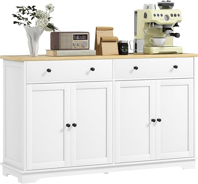 HOMCOM Sideboard Buffet Cabinet with Storage, 55" Modern Kitchen Cabinet with 4 Doors, 2 Drawers and 2 Adjustable Shelves, Coffee Bar, White