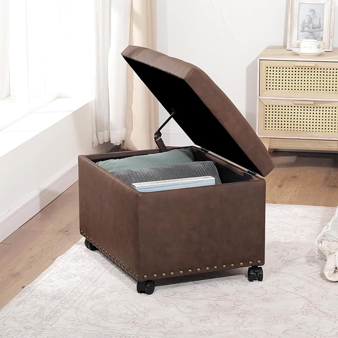 Joveco Leather Storage Ottoman with 360° Caster Wheels 24" Foot Rest Bench Rectangle Ottomans