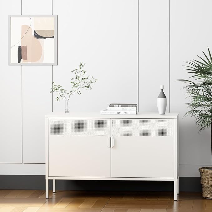 2 Door Storage Sideboard, Metal Storage Cabinet with 2 Adjustable Shelf,Multipurpose Metal Accent Cabinet for Office Home,Music Studio (White, 25''H)