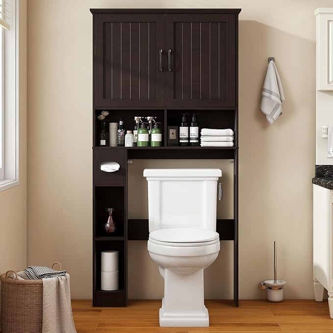 Vabches Over The Toilet Storage Cabinet, Farmhouse Storage Cabinet Over Toilet with Barn Door& Toilet Paper Holder Stand,Home Space-Saving Toilet Rack, for Bathroom, Restroom, Laundry.(Walnut)