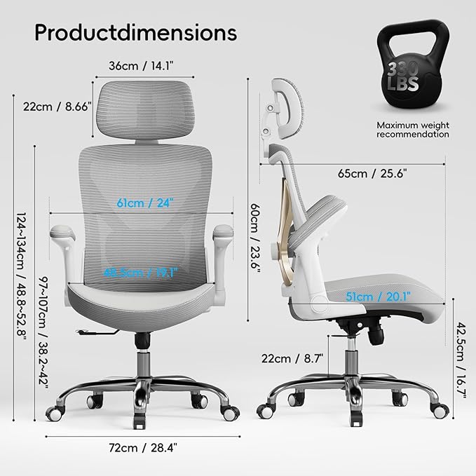 Office Home Ergonomic Desk Chair-Computer X-Shaped Chair Mesh PU Leather with Adjustable Lumbar Support-Executive Chair High Back with Headrest Flip-Up Arms for Long Hours (Grey)