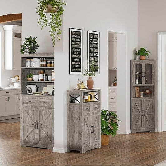 Small Farmhouse Storage Cabinet with Barn Doors, Farmhouse Kitchen Pantry Cabinet, Tall Coffee Bar with Storage, Hutch Cupboard for Kitchen, Laundry, Living Room, Washed Grey