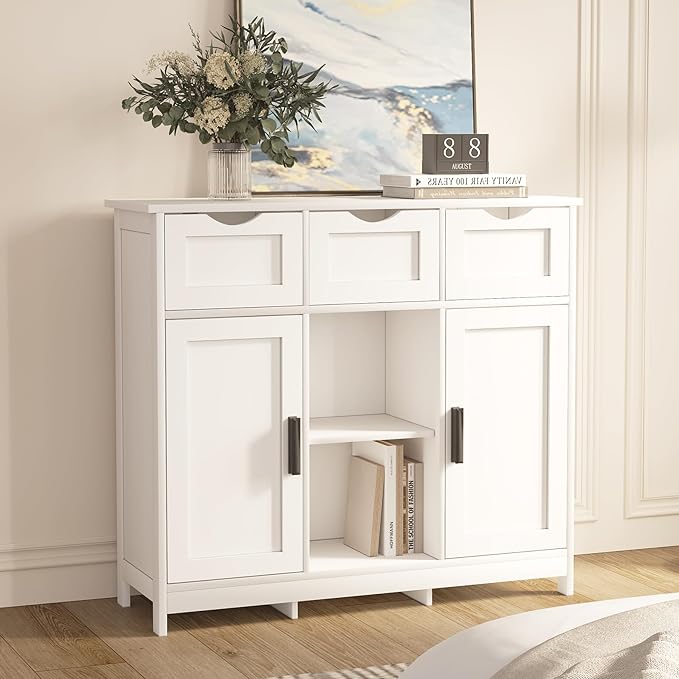 Sideboard Floor Storage Cabinet - Wooden Storage Organizer with 2 Doors and 3 Drawers, Free Standing Accent Buffet Cabinet with Adjustable Shelves for Living Room, Kitchen,Bathroom (White)