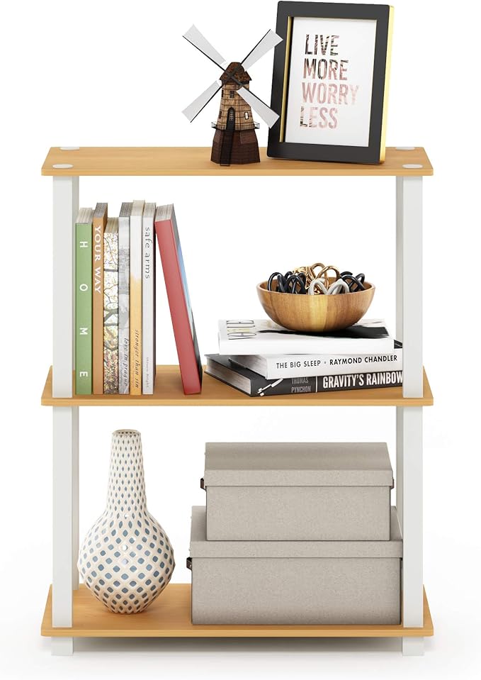 Furinno TURN-S-TUBE Storage Shelves, 3-Tier Book Shelf, Corner Shelf, Toolless Open Shelves, for Organization and Storage, Living Room, Garage, Home Office, Beech