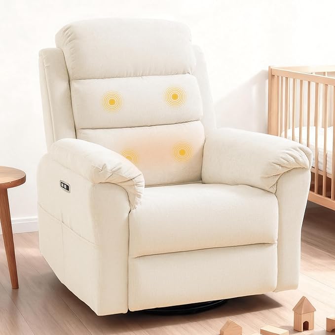 FLEXISPOT XRC6-Pro Nursery Power Glider Recliner with Adjustable Headrest, 270° Swivel Rocker Recliner for Nursery w/Massage & Heat, Water & Stain Resistant Ribbed Chenille, FSC Certified, Beige
