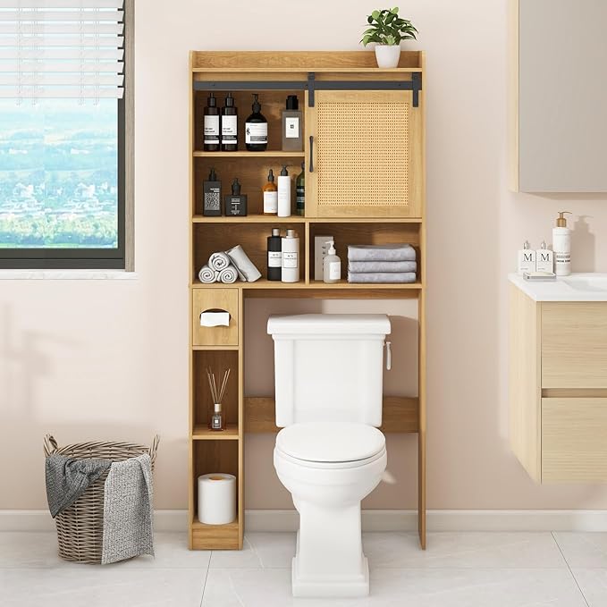 Over The Toilet Storage Cabinet, Farmhouse Rattan Storage Cabinet Over Toilet with Sliding Doors & Toilet Paper Holder Stand, Home Space-Saving Toilet Rack, for Bathroom, Laundry(Rattan Oak).