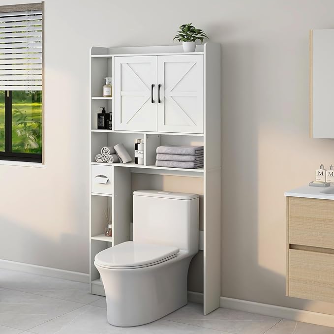 Over The Toilet Storage Cabinet, Farmhouse Storage Cabinet Over Toilet with 2 Barn Door & Toilet Paper Holder Stand, Home Space-Saving Rack, for Bathroom, Restroom (White).