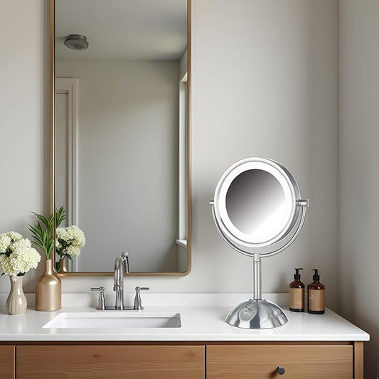JERDON Lighted Makeup Mirror with Magnification - 1X and 8X Magnification - Nickel Finish - Model HL8808NL
