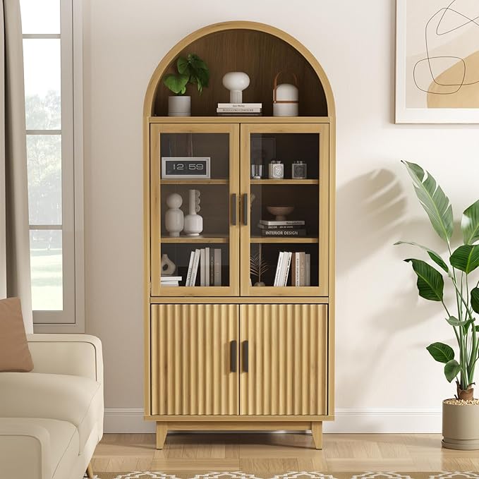 Arched Cabinet with Glass Doors, 71" Tall Fluted Galss Cabinet with Solid Wood Legs, Adjustable Shelves Accent Furniture for Living Room, Kitchen, Dining Room, Entryway, Natural
