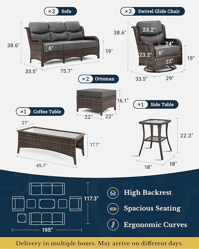 HILLGA Luxury Patio Furniture Set with 6-inch Thick Cushion, Outdoor Couch and High Back Swivel Rocker Patio Chairs, 8PCS Wicker Conversation Set for Deck Yard and Poolside, Dark Grey (V2)