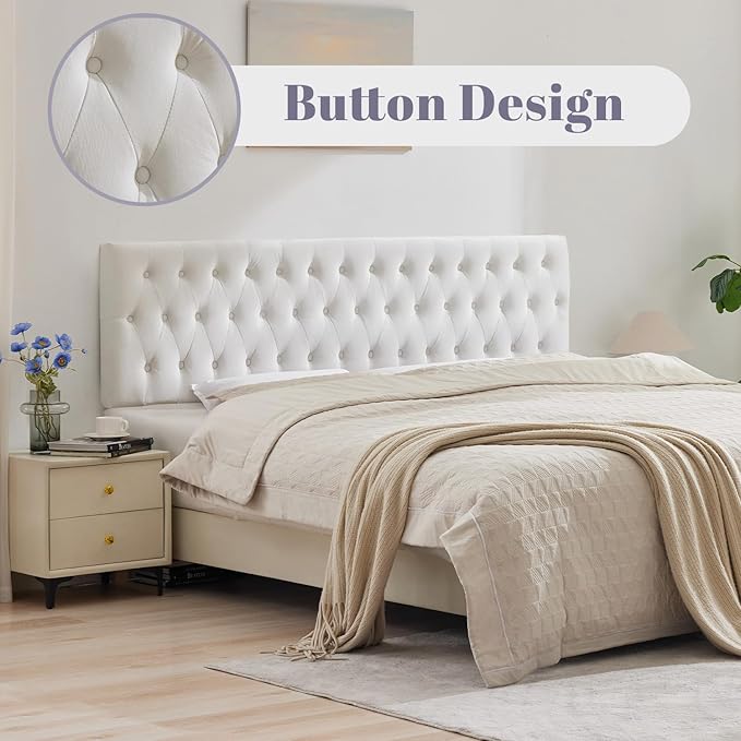 Kingfun Tufted Upholstered King Size Bed Headboard in Modern Button Design, Adjustable Solid Wood Head Board, Premium Velvet Fabric Padded Headboards in Bedroom (White)