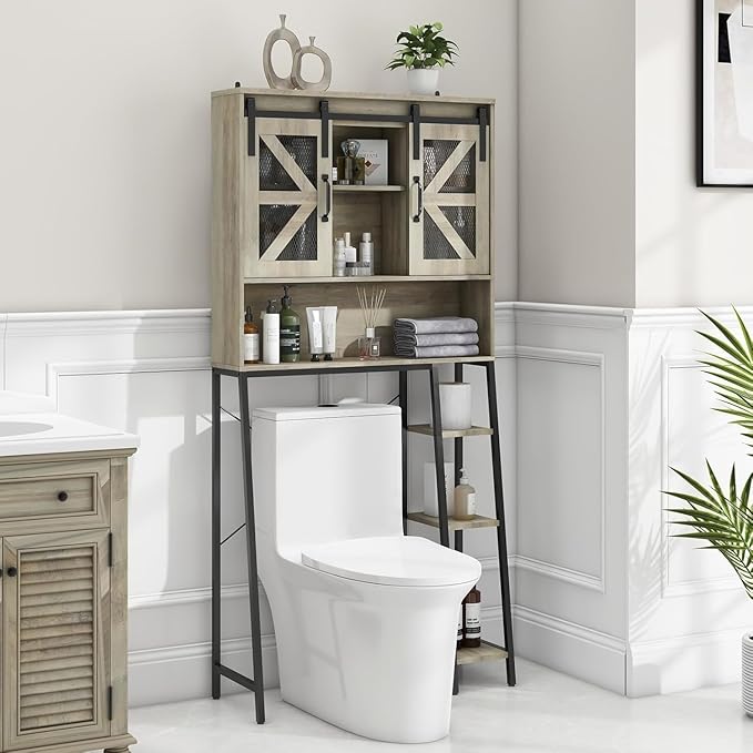 Over The Toilet Storage Cabinet, Farmhouse Storage Cabinet Over Toilet with Sliding Barn Door,Home Space-Saving Toilet Rack, for Bathroom, Restroom, Laundry(Grey).