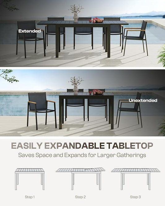All-Aluminum Expandable Outdoor Patio Dining Table for 4-8 Person, All-Weather Rectangular Outdoor Table(48"-79") with Smooth Cilde Rails & Secure Locking Handle for Garden, Indoor, Gray