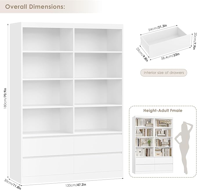 FINETONES 71" White Bookshelf with Drawers, 47.3" Double Wide Bookshelves and Bookcases with Storage, Tall Bookshelf Large Open Book Shelf Standing Book Case for Home Office, White