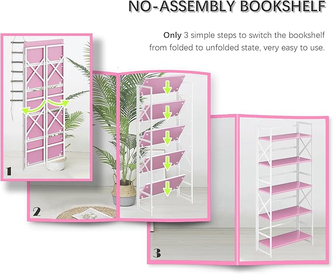 4NM 5 Tiers No Assembly Book Shelves, 51.2" H Folding Bookshelf Bookcase Open Industrial Foldable Shelves for Bedroom, Living Room, Home Office - Pink White