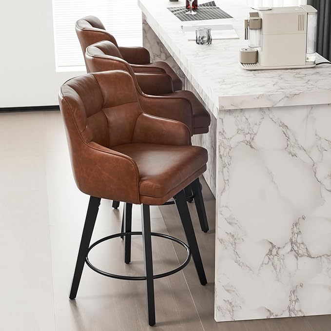 360°Swivel Counter Height Bar Stools with Back, 26 inch Solid Wood Legs, Bar Stool Modern Kitchen Island Chairs, Faux Leather (Brown- Faux Leather, 26" H- Set of 1)