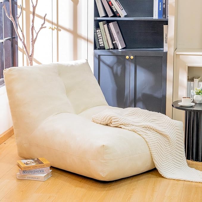 Bean Bag Chairs for Adults, Memory Foam Bean Bag Chair, Ergonomic Support Reading Floor Sofa Chair with Filler, Comfy Cozy Beanbag Couch for Bedroom Living Room (Beige Upgrade Sponge)
