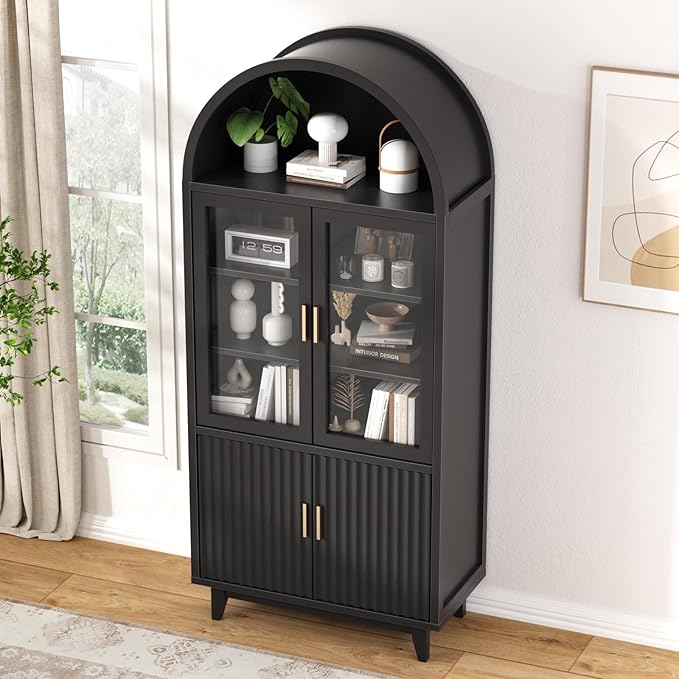 Arched Cabinet with Glass Doors, Fluted Tall Pantry with Solid Wood Legs, 71" Modern Accent Cabinet for Living Room, Kitchen, Dining Room, Entryway, Black