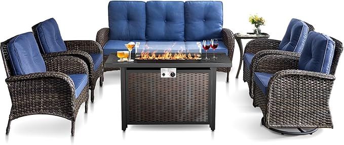 HUMMUH 7 Piece Patio Furniture Set with Fire Pit Table,Wicker Patio Swivel Rocker Outdoor Chairs 3-Seat Sofa for Porch,Poolside,Deck
