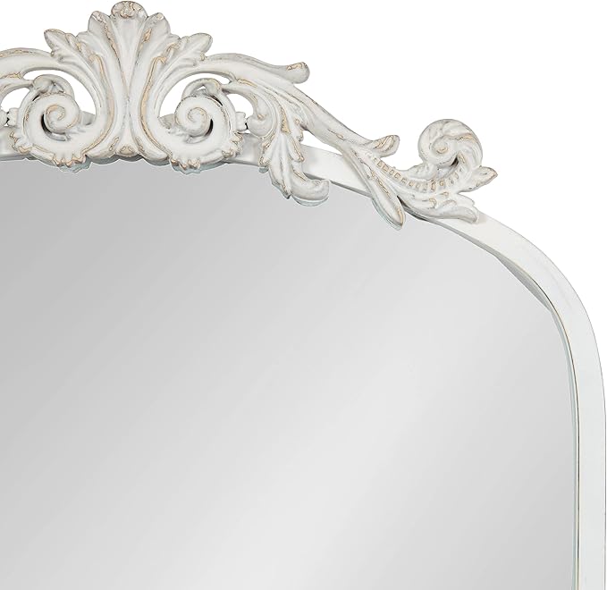 Kate and Laurel Arendahl Traditional Arch Wall Mirror; 19 x 31; Antique White; Vintage Glam Baroque-Inspired Arched Bathroom Vanity Mirror with Ornate Crown