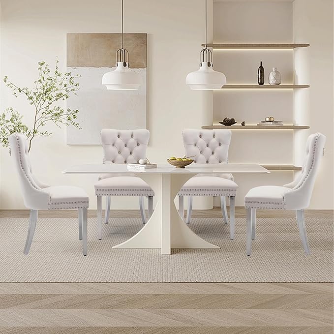Velvet Upholstered Dining Chairs Set of 4, Modern Style Kitchen Side Chairs with Nailhead Trim and Silver Plated Leg, Metal Pulling Ring for Dining Room Living Room((Creamy White,Set of 4)