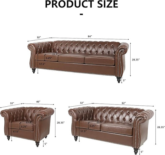 2 Piece Living Room Sofa Set, 3 Seater Faux Leather Sofa Couch and Chair Set, Mid Century Modern Upholstered Couch with Cushions, Vintage Comfy Tufted Chesterfield Couches for Bedroom, Office (Brown)