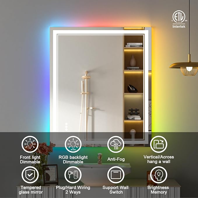 30x36 Inch RGB LED Bathroom Mirror with Lights, Color Changing RGB Backlit LED Mirror for Bathroom,Lighted Vanity Mirrors for Bathroom Wall, Dimmable, Anti-Fog (RGB Backlit+Front-Lit)