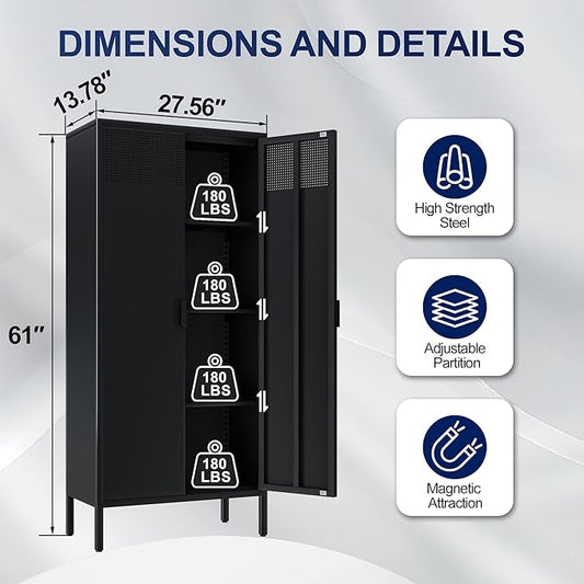 Metal Storage Cabinets with Adjustable Shelves,Pantry Kitchen Storage Cabinets,Floor Storage Cabinet for Kitchen, Laundry Room, Home Office, Kids Room (Black, 61''H)
