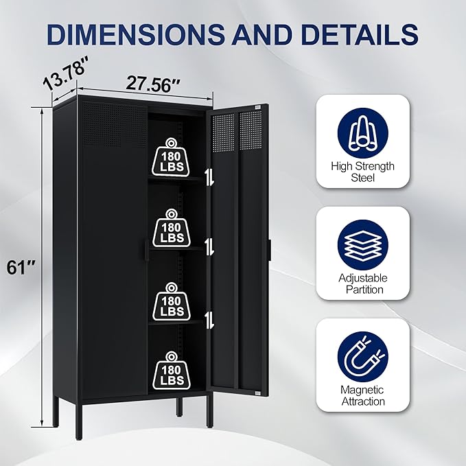 Metal Storage Cabinets with Adjustable Shelves,Pantry Kitchen Storage Cabinets,Floor Storage Cabinet for Kitchen, Laundry Room, Home Office, Kids Room (Black, 61''H)
