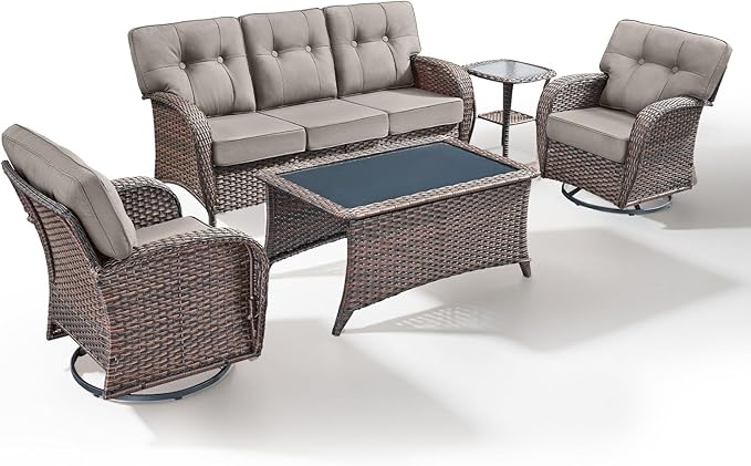 5-Piece Rotating Balcony Chair Set with 31-inch T-Shaped Wide backrest - Rattan Outdoor Rotating Balcony Chairs, Wide backrest Comfortable Outdoor Sliding Chair - Brown | Grey