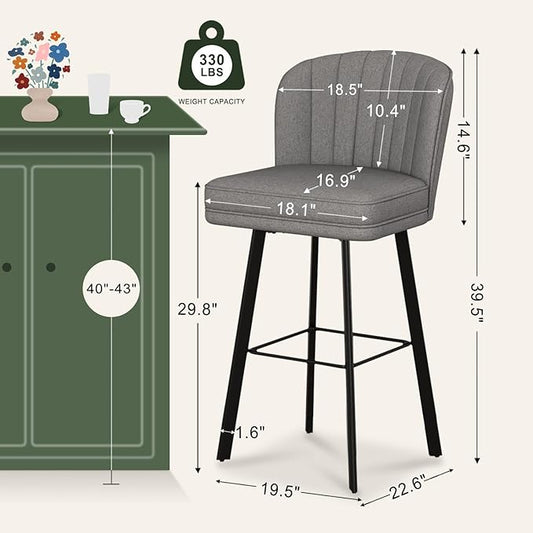 Swivel Counter Height Bar Stools Set of 2, 30'' Modern Barstools with Backs and Metal Legs, Upholstered Bar Chairs,Mid-Gray,Fabric Stools for Kitchen Island Chairs