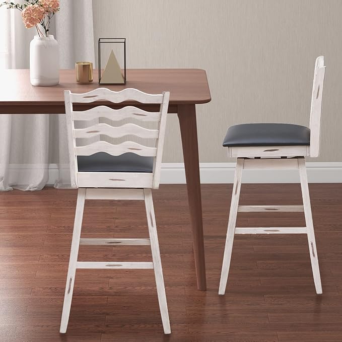 COSTWAY Bar Stools Set of 4, 29” 360° Swivel Bar Height Chairs with Rubber Wood Frame, Cushioned Seat, Ergonomic Backrest & Footrest, Wooden Upholstered Barstools for Kitchen Island (4, 29”)