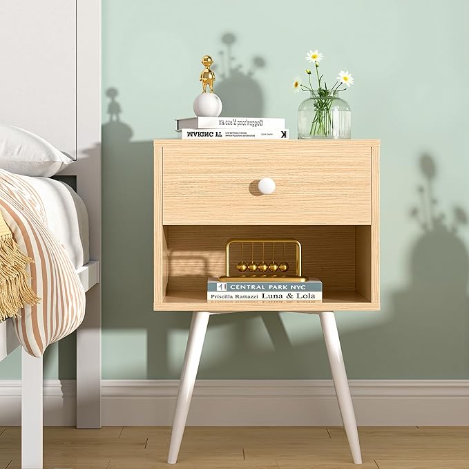 VECELO Nightstands Set of 2, Mid Century Modern End Bedside Table, Night Stand with Storage Drawer and 2 Tiers Open Shelf for Small Place, Bedroom, Living Room, Easy Assembly, Oak Wood