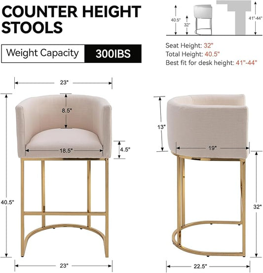Contemporary Cream Linen Bar Stools Set of 2, 32" Upholstered Fabric Counter Height Barstool Kitchen Counter Island Stools with Golden Metal Base
