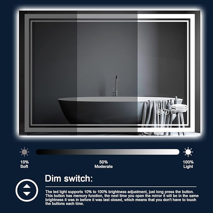 48 x 30 Inch LED Bathroom Mirror with Lights, Front and Backlit Anti-Fog Dimmable Memory Lighted Bathroom Vanity Mirrors for Wall, Shatterproof Led Mirror for Bathroom