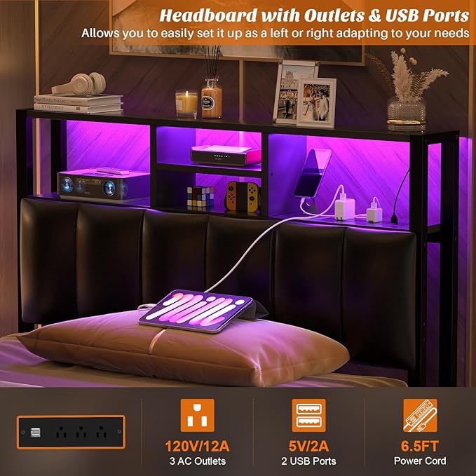 Aheaplus Headboard for Twin Size Bed with Storage, Upholstered Headboards with Outlets, USB Ports and LED Light, Reversible Twin Size Head Board, Height Adjustable, Comfortable Headboard, Black