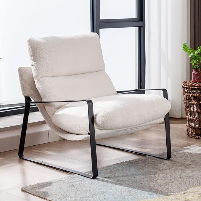 DUOMAY Modern White Sherpa Accent Chair Set of 2, Comfy Lounge Lazy Chair with Metal Leg, Mid-Century Corner Arm Chair for Living Room Bedroom Office Apartment