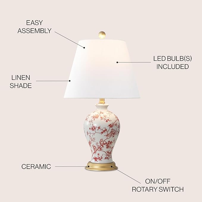 JONATHAN Y JYL3009C Grace 24" French Country Cottage Ceramic/Iron Floral Urn LED Table Lamp, White/Red for Bedroom, Living Room, Office, College