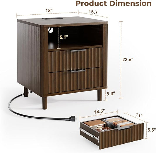 Fluted Nightstand Set of 2, 2 Drawers Storage Bedside Table with Charging Station, Wood Modern Nightstand with Open Shelf, Curved Profile Design, End Table for Indoor Room Bedroom, Walnut