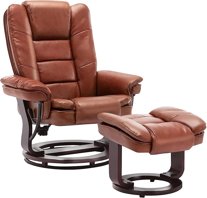 JC Home Argus Swivel Recliner with Ottoman, PU Leather & Wood Base Reclining Chair with Footrest, Ultra-Plush Double Foam for Living Room, Bedroom and Office