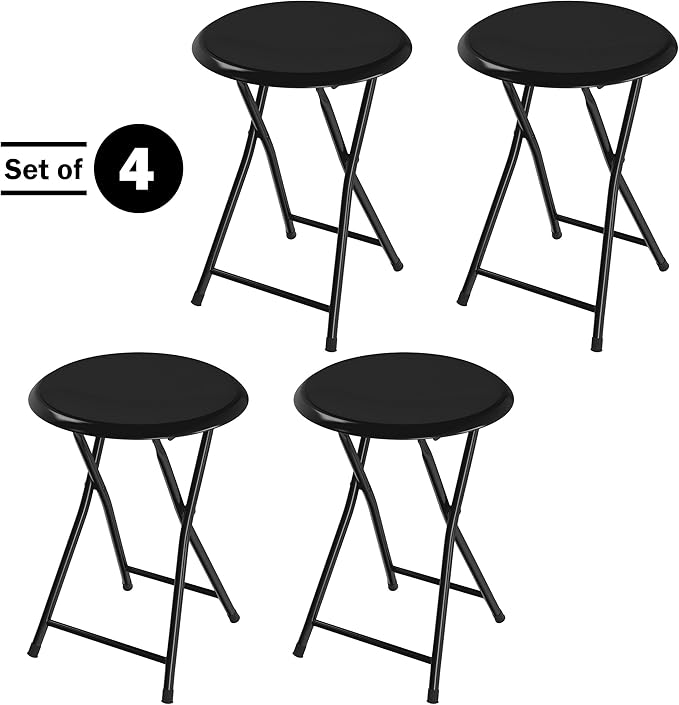 Folding Bar Stools - Set of 4 Heavy-Duty 18-Inch Stool - 225lb Capacity and Padded Seats for Dorm, Recreation or Game Room by Lavish Home (Black)